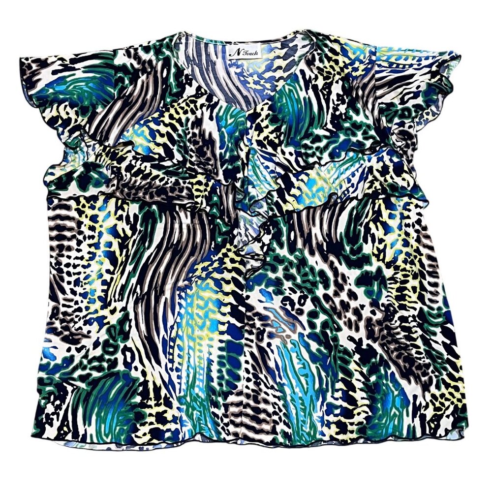N Touch Ruffle Blouse 3X/4X Multicolor Animal Print Stretch Flutter Sleeve Plus